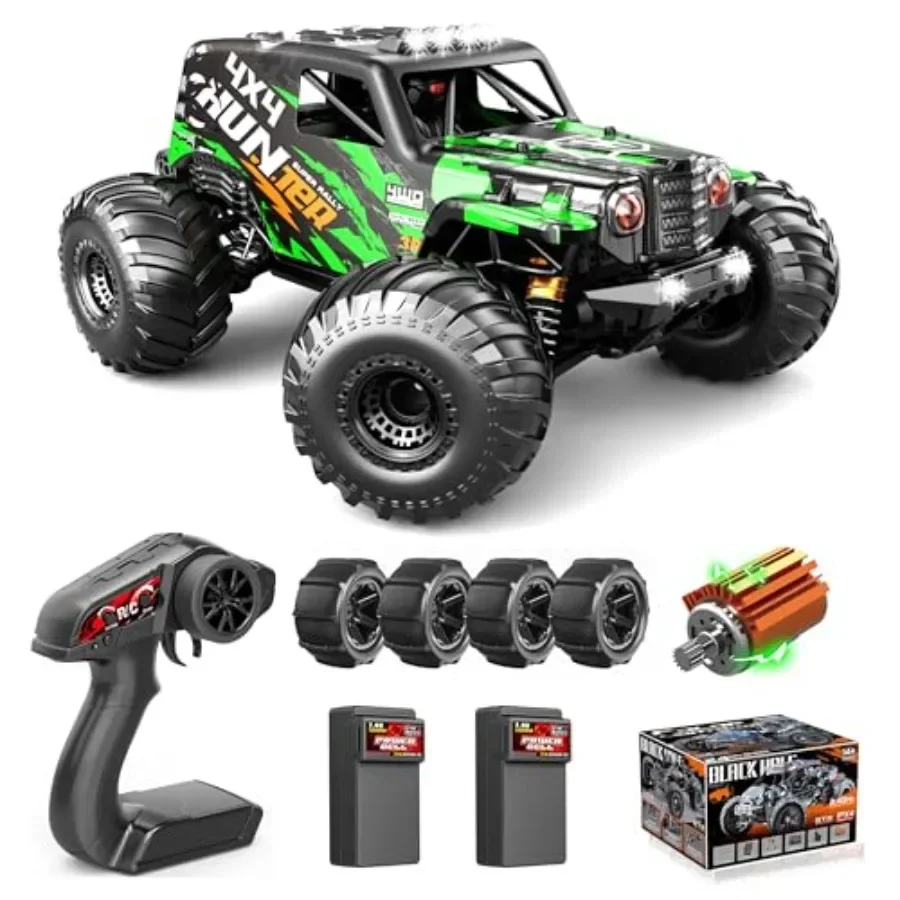 

RC Cars 1:14 Scale 4WD Off-Road Monster Truck, ABS Plastic Body, Black/Red, Waterproof ESC Dual 7.4V 1300mAh Batteries, 40+ KM/