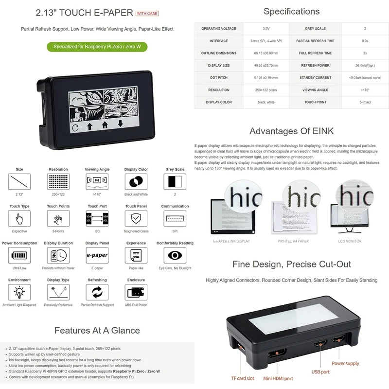 Waveshare หน้าจอ E-Ink กระดาษอิเล็กทรอนิกส์ระบบสัมผัสขนาด2.13นิ้วสำหรับ Raspberry Pi 250X122พิกเซลรองรับการรีเฟรชบางส่วนพร้อมเคสป้องกัน