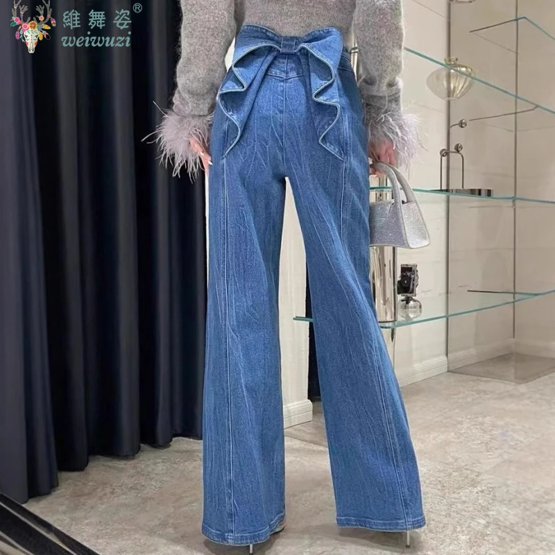 Y2K الحلو القوس المرأة الجينز خمر عالية الخصر الدنيم السراويل المرقعة فضفاض مستقيم بنطلون التخسيس الخريف ملابس الشارع الشهير غير رسمية