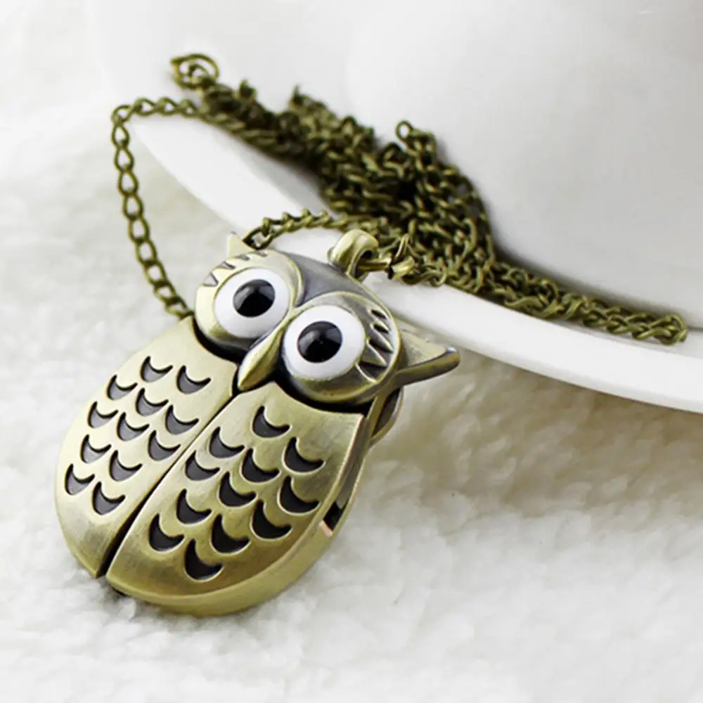 Vintage Bronze Pocket Watch Retro Pendant Clock Slide Smart Owl Pendant Long Chain Necklace Pocket Watch Roman Number