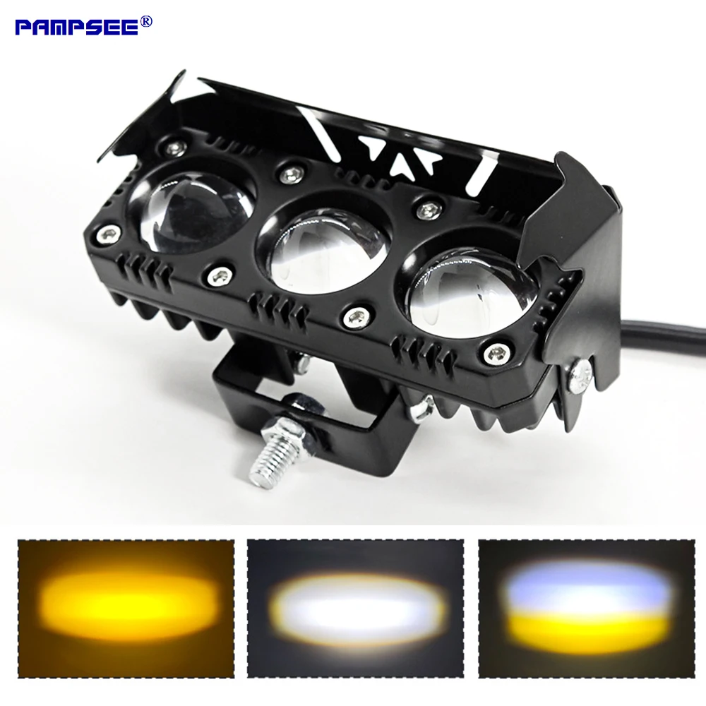 

Motorcycle LED Spotlight Dual Color Fog Lamps Mini Lens Headlight Driving Light 3 Eyes Motorcycle accessories Grille Light