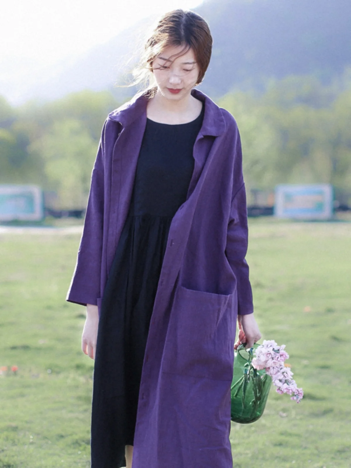 

Ретро-жакет из хлопка и льна для женщин, средней длины, новинка ранней весны, с воротником-стойкой, длинными рукавами, премиум-класса, ветрозащитный.