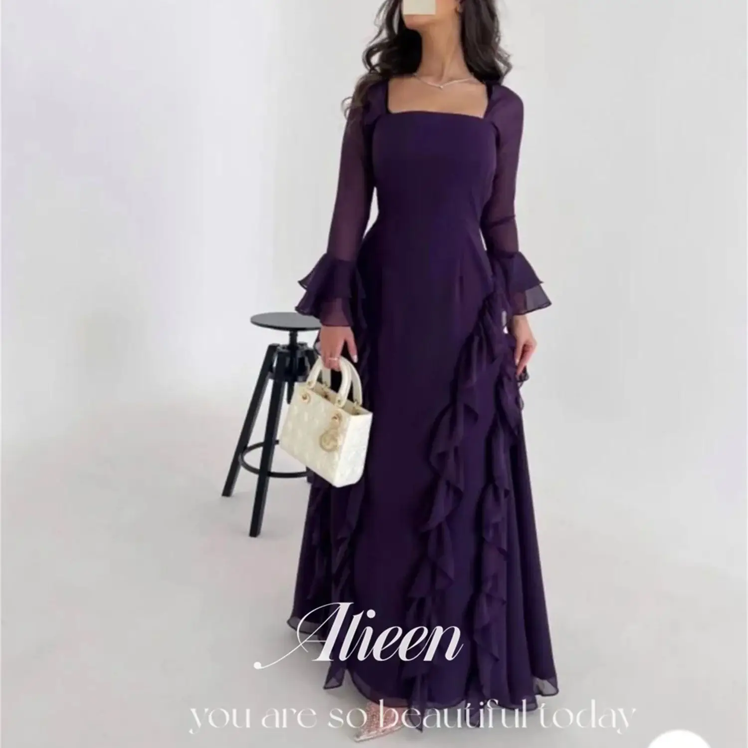 

Aileen Deep Purple Long Sleeves Chiffon Square Collar Elegant Woman Wedding Party Dress Luxury Evening Dresses 2024 Gala Prom