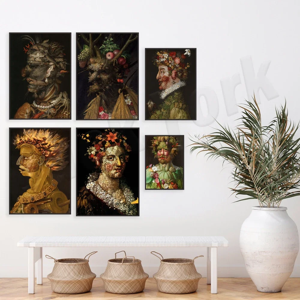 Poster of Giuseppe Arcimboldo, famous Italian Renaissance portrait painter, decorated with fruits, vegetables, flowers, artwork