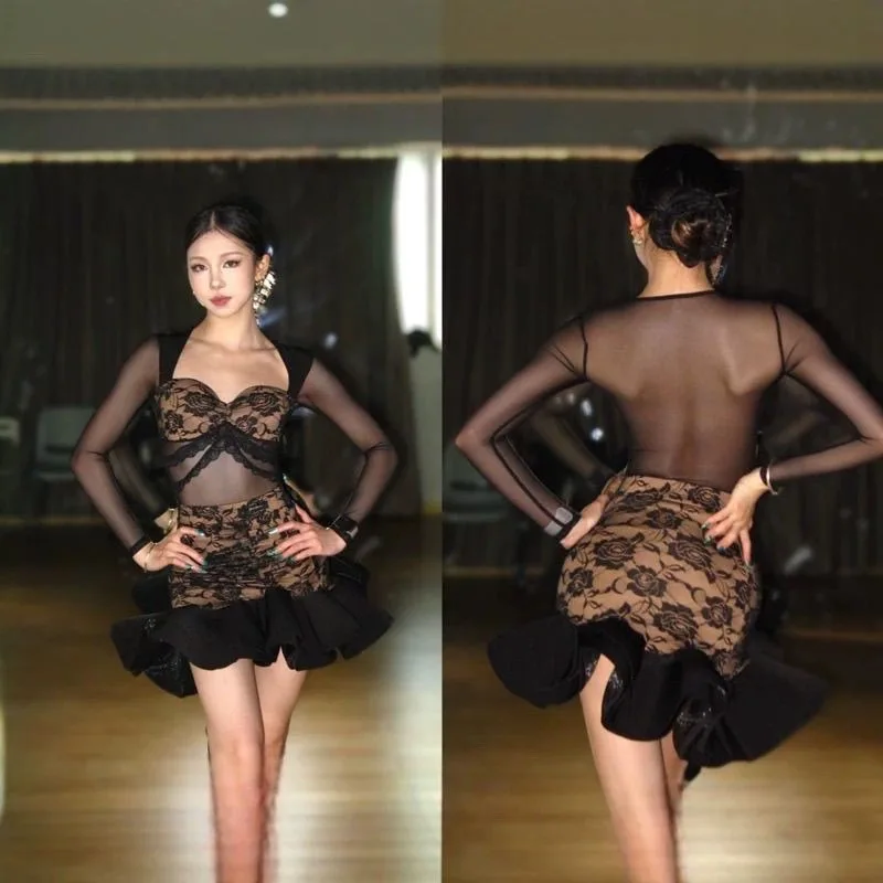 Ropa de baile latino, nueva ropa de práctica, ropa de actuación, top de malla de encaje retro, conjunto de falda de cadera.