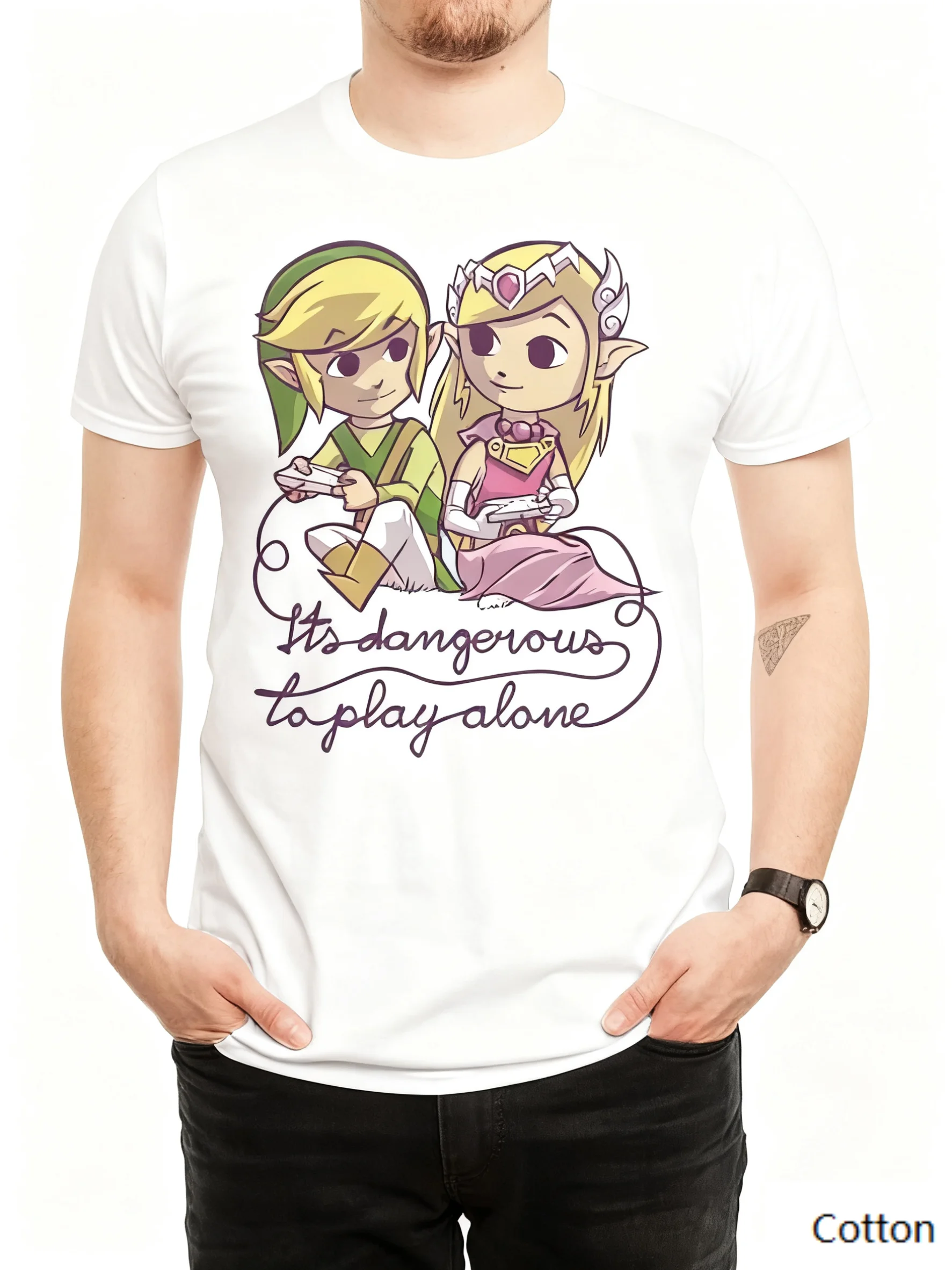 

Whimsical Fantasy Gaming “Play Together Fun” Cotton Crew Neck T Shirt with Eye - Catching Print of Elf Figures Gaming Elements