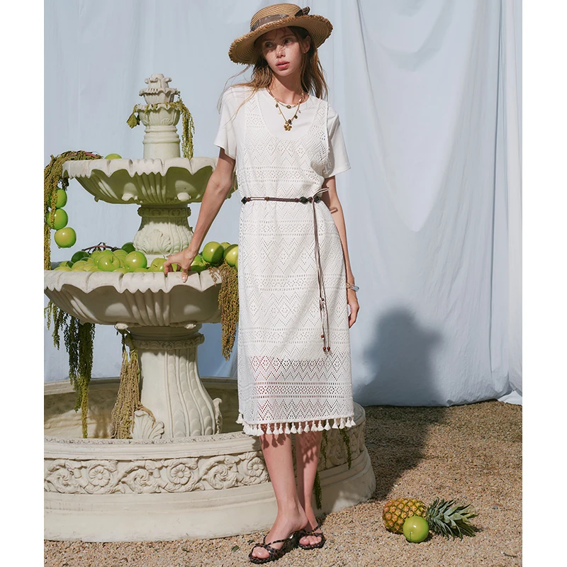 ELFSACK Women's T-Shirt with Hollow Out Lace Dress Set, Basic White Short Sleeve Tee and Crochet Slip Dress, Boho Suit view 3