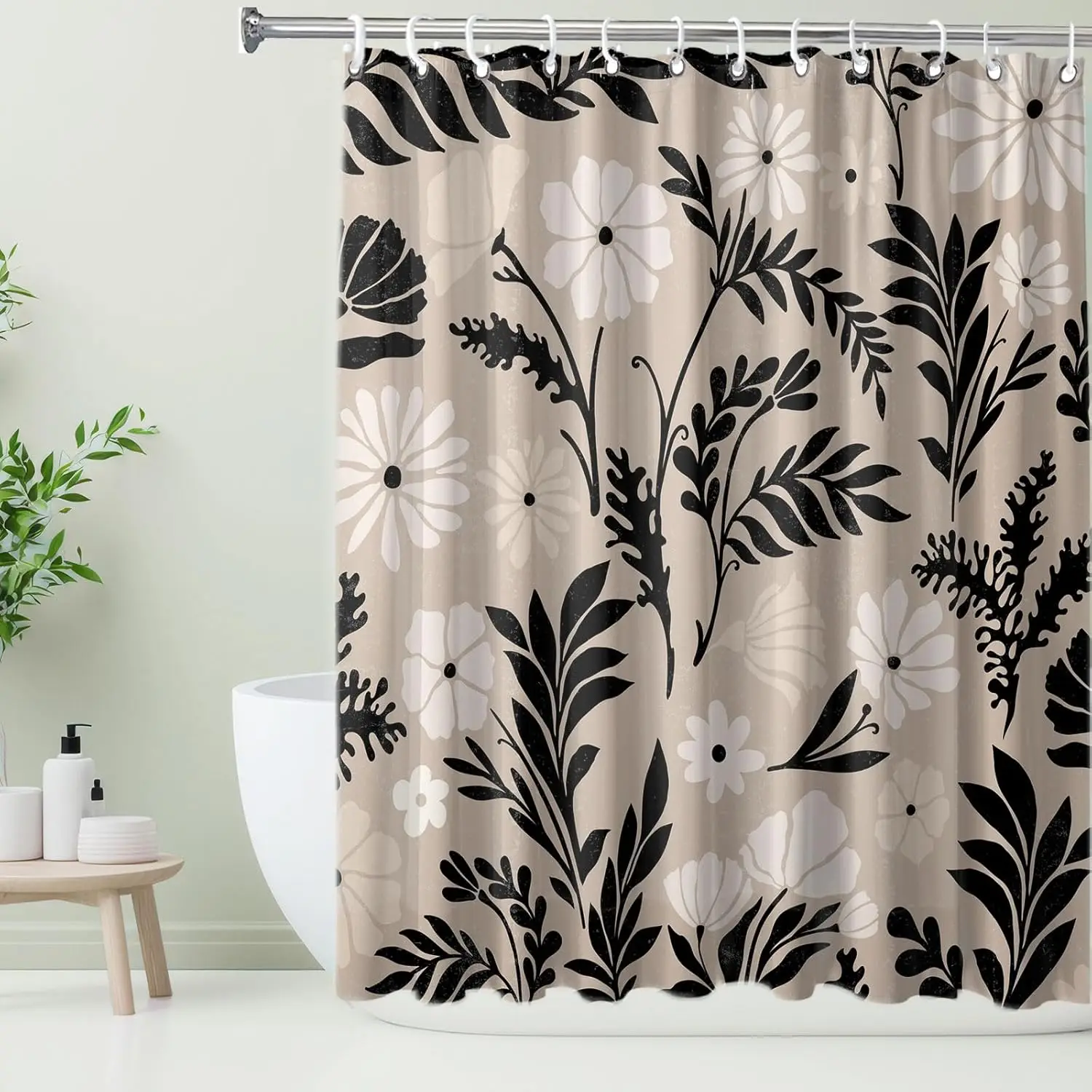 Boho Retro Floral Shower Curtain, Matisse Groovy Black Botanical Farmhouse Bohemian Waterproof Bathroom Decor Curtain With Hooks