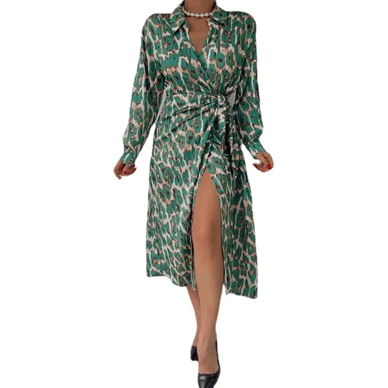 الأوروبية والأمريكية INS نمط الخريف جديد ليوبارد طباعة فستان طويل الأكمام عارضة التعادل