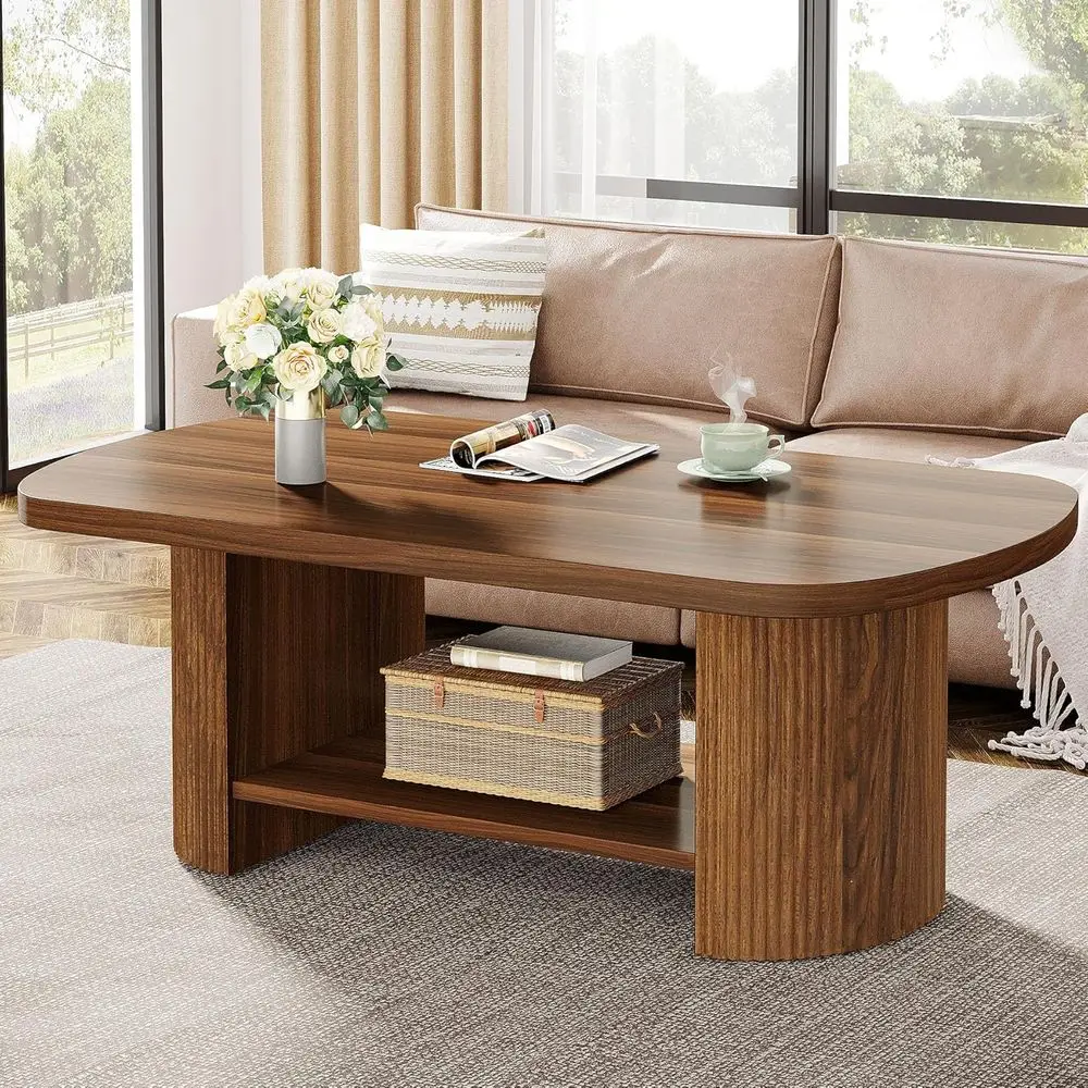 

Coffee Table, Mid-Century 2-Tier Coffee Table with Storage Shelf, Modern 45.27 Accent Center Table with Wooden Dual Base for Liv