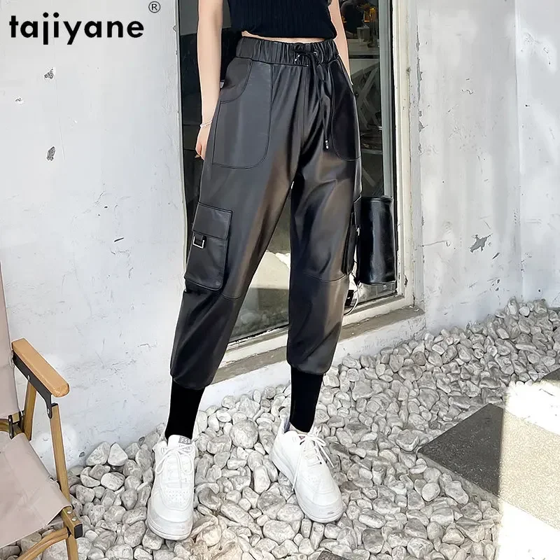 Tajiyane Real Sheepskin Cargo Pants for Women Elastic Waist Genuine Leather Pants Women High Waist Pants Trousers Streetwear