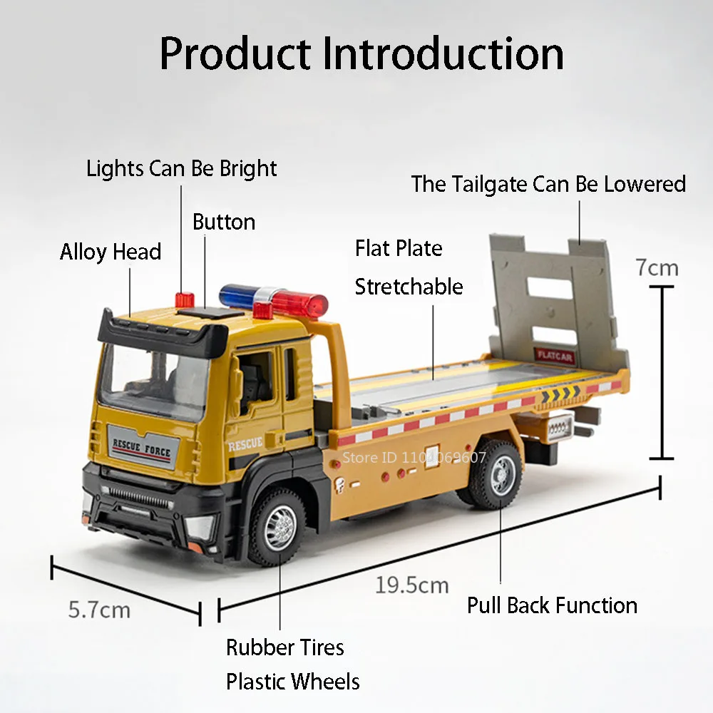 1:32 Alloy Dump Truck Toy Models Metal Diecast Flat Trailer Engineering Vehicles Sound Light Pull Back Rubber Tires Boys Gifts