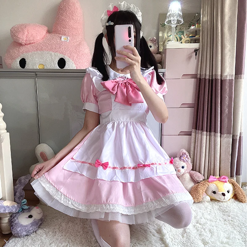 Kawaii Girl Pink Lace Maid Dress Quadratic Performance Cosplay Costume Lolita Sexy Bunny Bow Uniform Sweet Skirt Suit Japanese