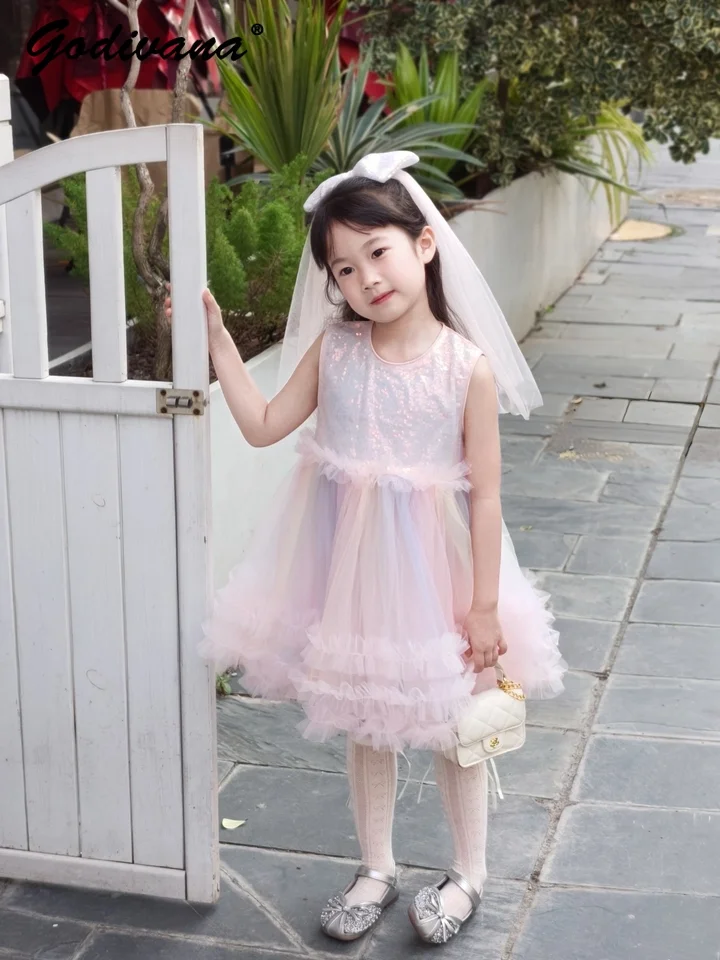 

Cute Baby Girls Summer New Fashion Sundress Childrens Sequined Mesh Ruffle Trim Loose Breathable Princess Birthday Party Dress