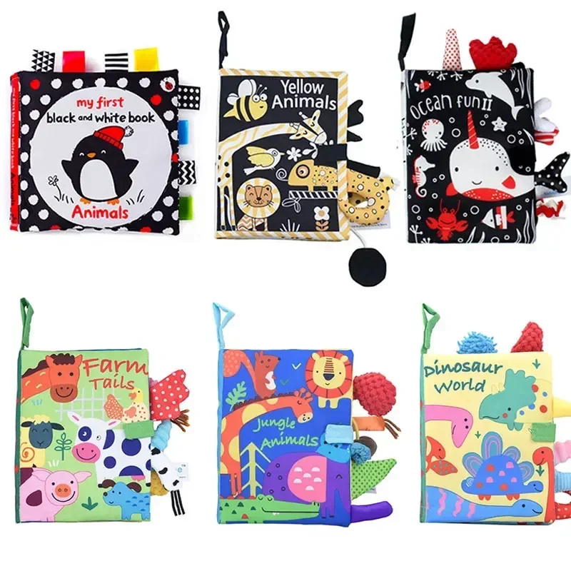 Baby Cartoon 3D Tail Black and White Red Animal Washable Cloth Book Infant Early Learning Cognition Toys with Sound Paper Gifts