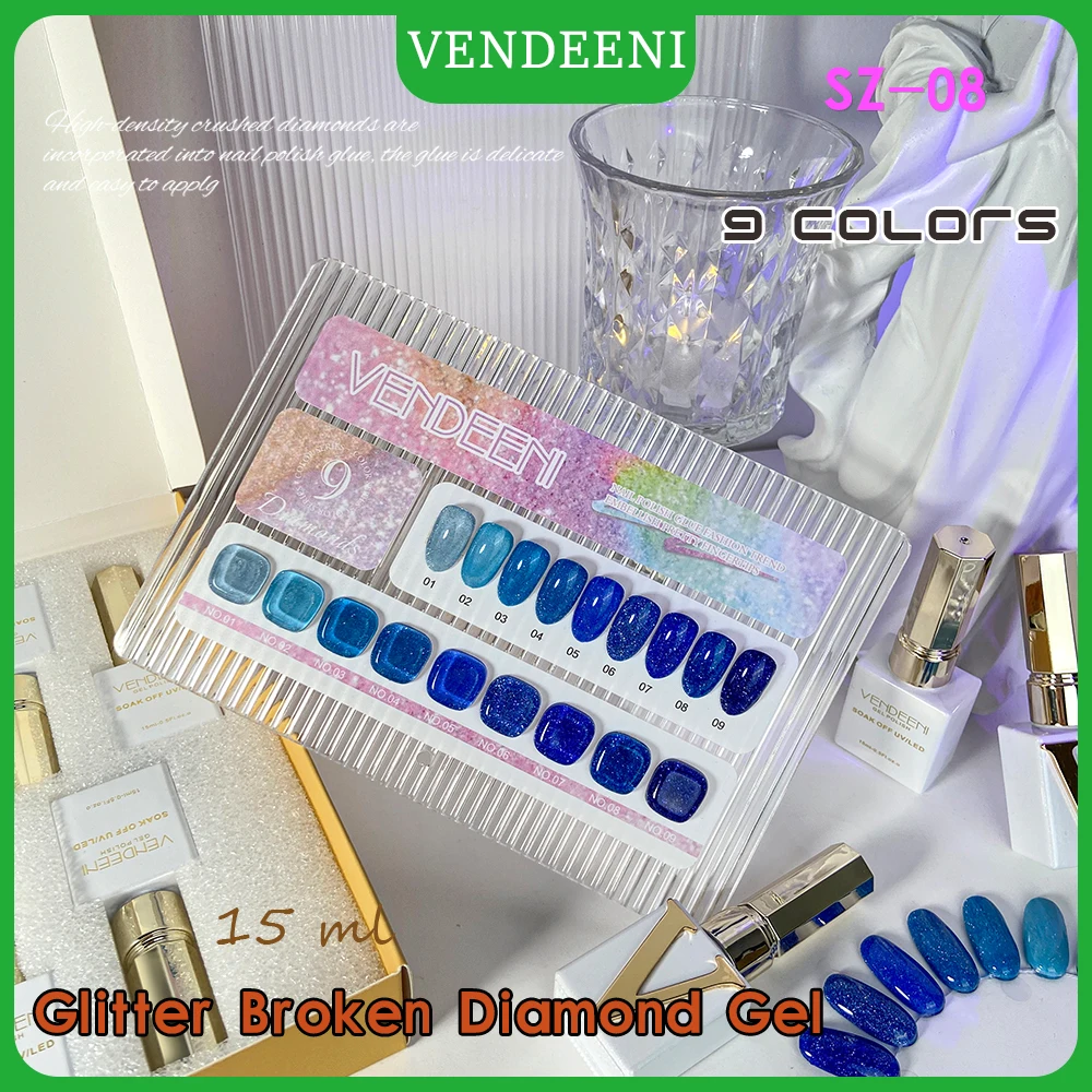 

Vendeeni 15ml Glitter Sapphire Blue Broken Diamond Gel Nail Polish 9 Colors/set Soak Off UV LED Flash Colorful Gel Varnish