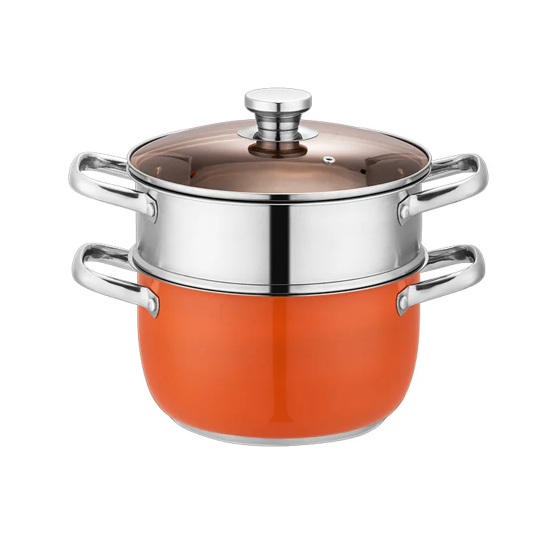 24cm Orange Double Layer Stainless Steel Steamer Pot, Multi-function Cooking Soup Pot with Steamer Basket, Tempered Glass Lid