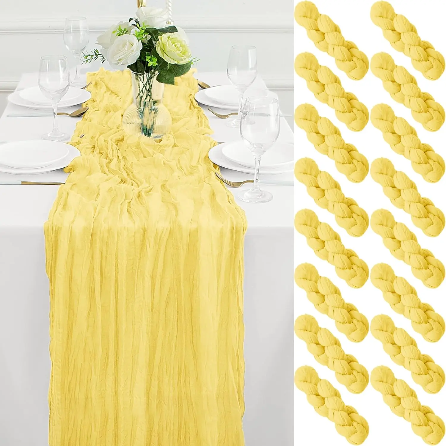 

16Pcs Light Yellow Cheesecloth Table Runner 10FT Gauze Cheese Cloth Table Runner 35x120Inch Long Boho Spring Easter Table Runne