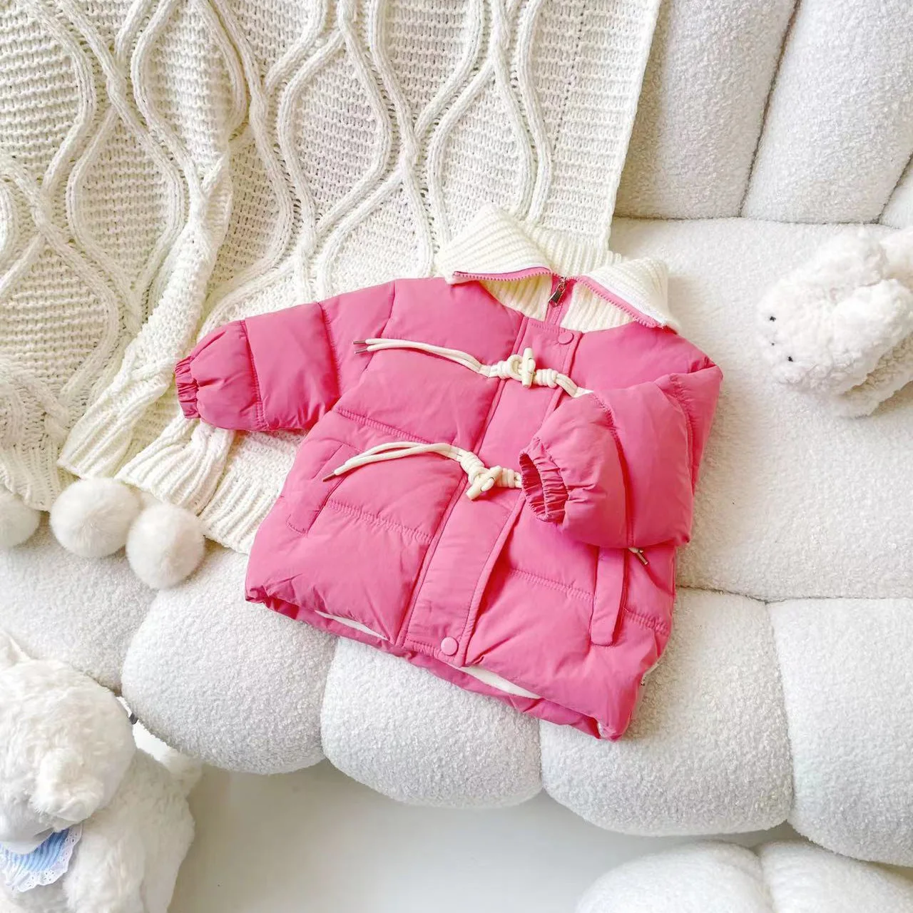 Sweet Rose Girls Cotton Jacket Winter Knitted Collar Patchwork Cotton Padded Coat Thick Warm Kids Outerwear image 5