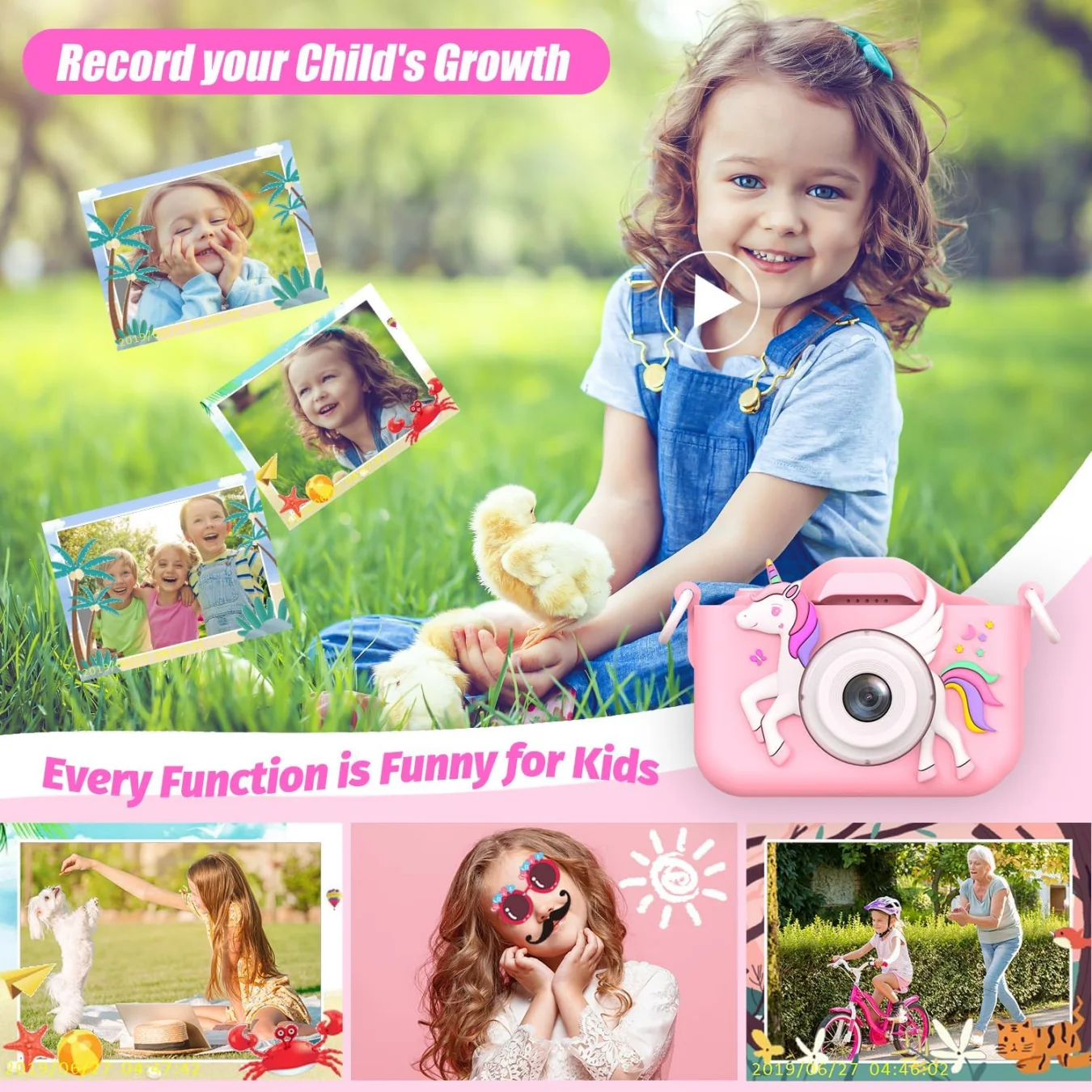 INOCTI Kids Digital Camera, Toddler Camera,Rechargeable Cartoon Camera Toy,1080P HD Mini Selfie Camera Gift For Boys Girls