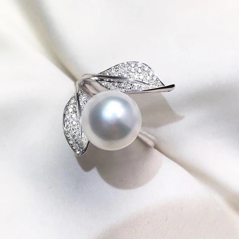 Huitan Trendy Imitation Pearl Rings Women Fancy Leaf Design Temperament Elegant Female Accessories Luxury Cubic Zirconia Jewelry