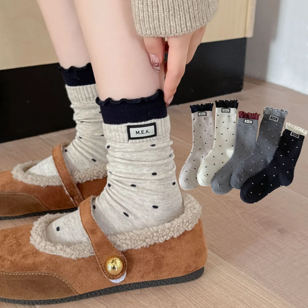 Polka Dot Socks Women Autumn and Winter Lolita Kawaii Frilly Socks Preppy Style Cloth Label Knitted Cotton Medium Tube Socks Sox