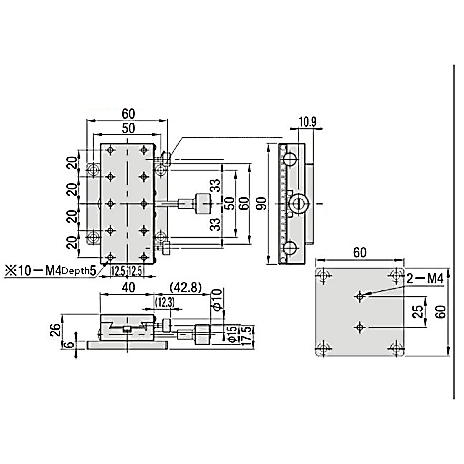 SEMCID-90T Linear Slide Manual X Axis Dovetail Trough Rack Pinion Stage Accuracy Manual Fine‑Tune Platform 90*40mm