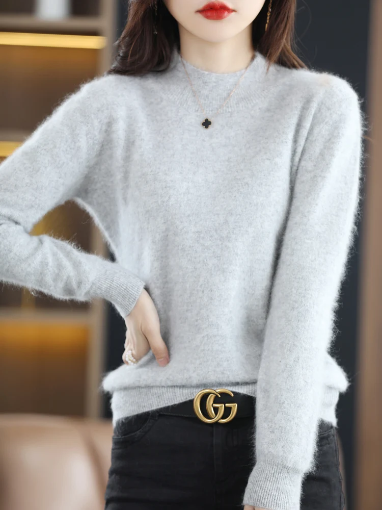 Women\'s New 100% Mink Cashmere Clothing Winter Half Turtleneck Knitted Pullover Casual Short Sweater Loose Large Size Thick Tops