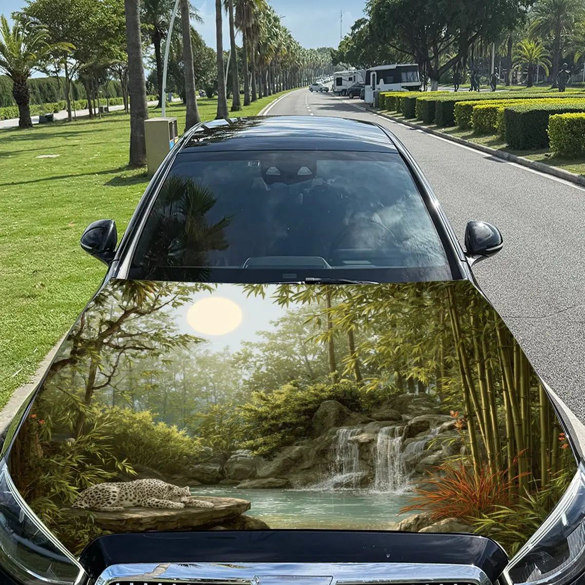 

Leopard Beside Lush Forest Waterfall Print car hood stickers, waterproof self-adhesive, scratch resistant, easy to stick, durabl