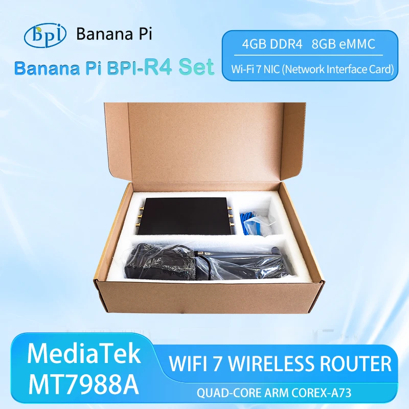 

Готовый набор Banana Pi BPI-R4 MediaTek MT7988A (Filogic 880) четырехъядерный кронштейн Corex-A73 4 ГБ DDR4 8 ГБ eMMC Openwrt Smart Router