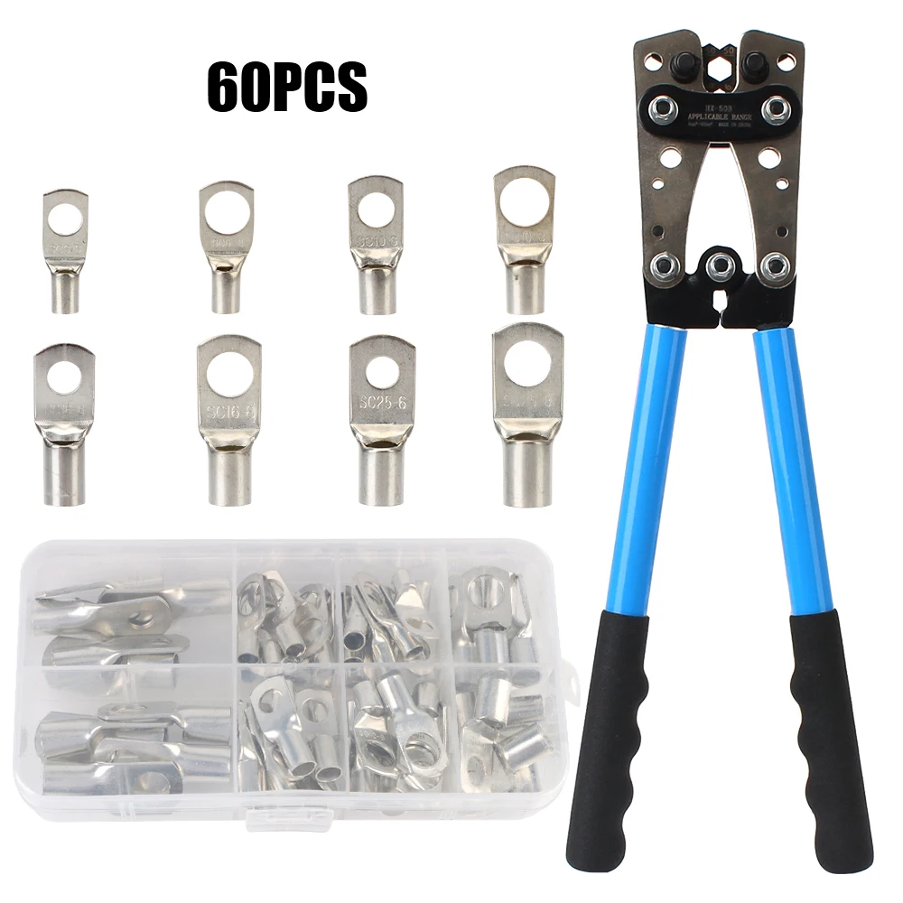 60pcs Auto Copper Ring Terminals Battery Terminal HX-50B Crimping Pliers Wire Crimp Connector Soldered Connector Kit