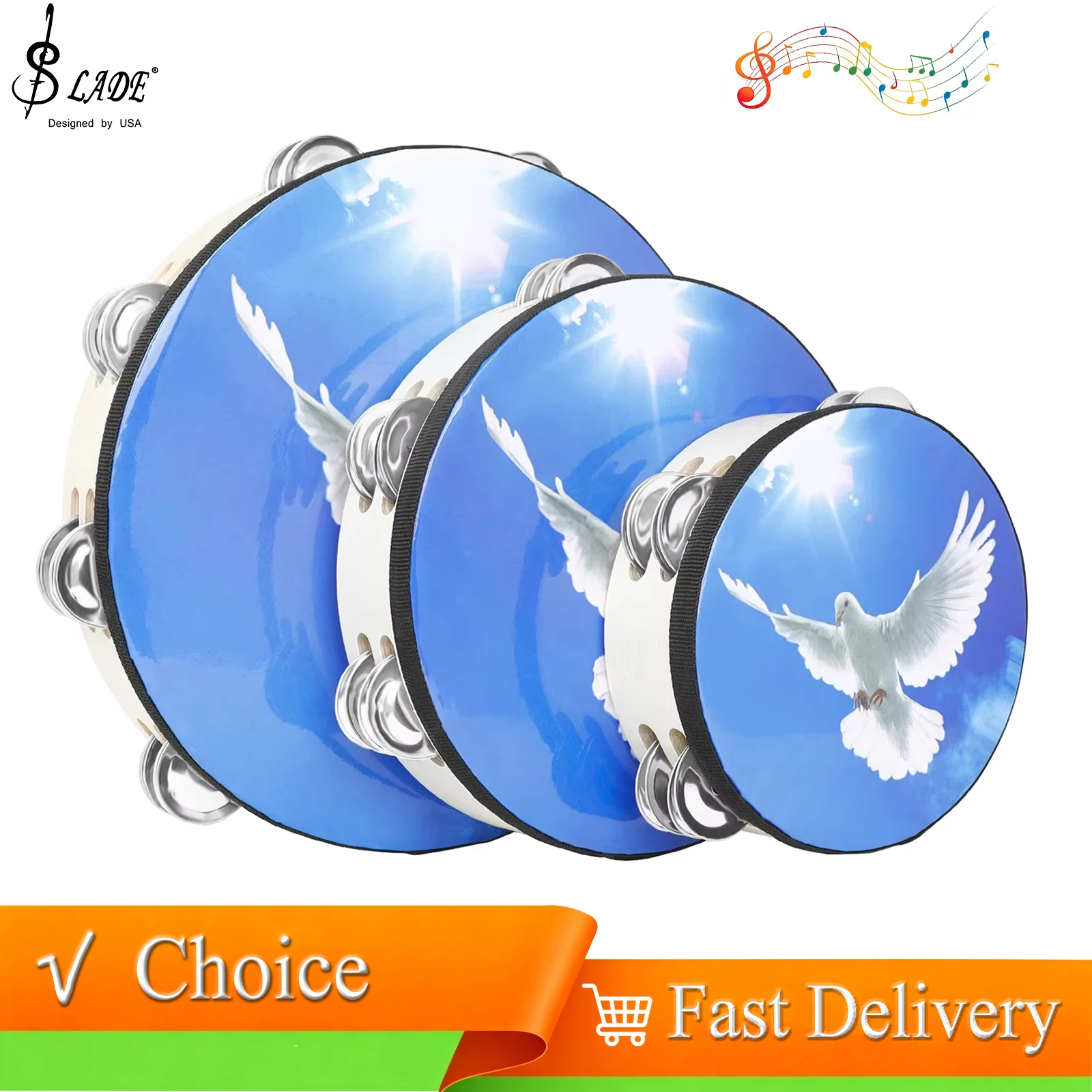 

Orff 6/8/10 Inch Tambourine Wooden Dove of Peace Tambourine Handbell Drum Early Education Musical Instruments Bells
