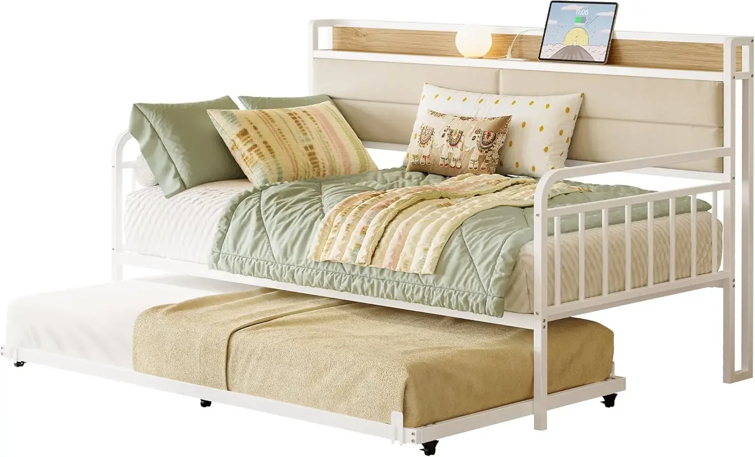 Daybed with Trundle, Sturdy Metal Twin Bed Frame with Upholstered Headboard and Charging Station for Living Room, Bedroo