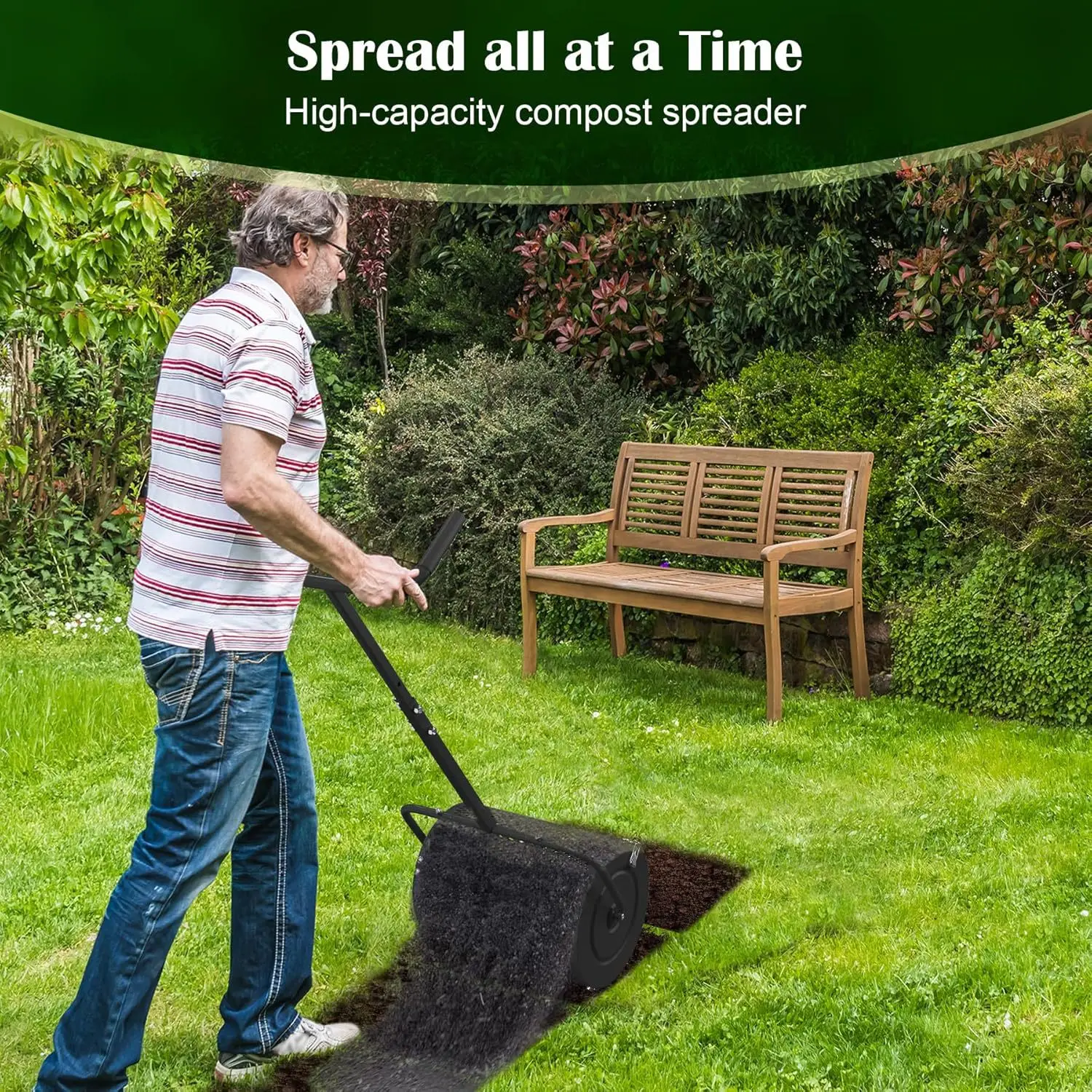 Lawn compost spreader, peat moss spreader, fertilizer spreader with adjustable handle