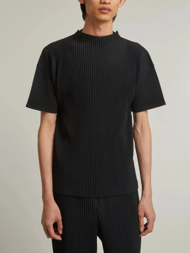 Miyake Japanese Pleated Mock Neck T Shirt Men New Short Sleeve Casual Top