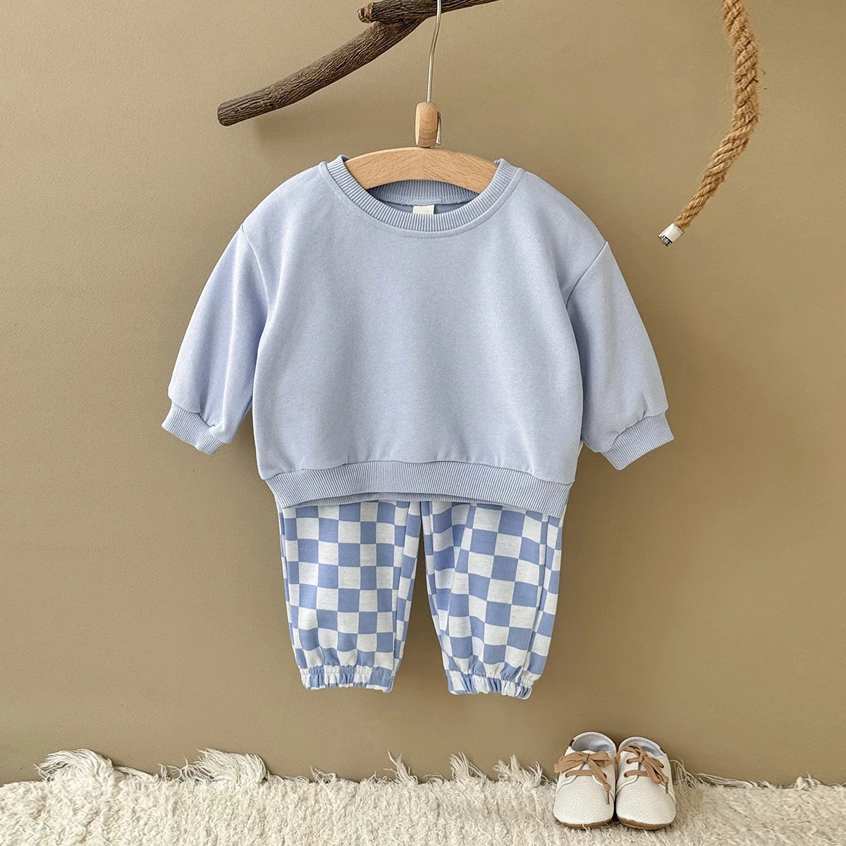 2PCS Spring Autumn Cotton Set For 0-3 Year Old Baby Comfortable Loose Solid Pullover Checked Pant Two Piece Baby Clothes