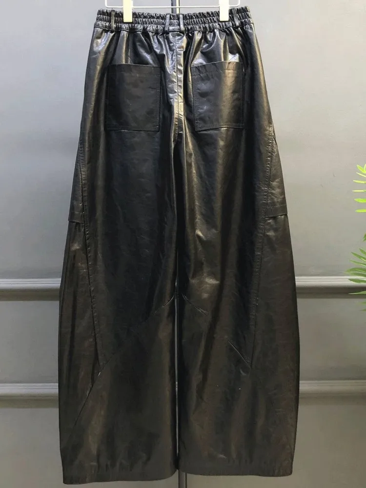 Fashion Button Pockets Leisure Genuine Leather Wide-Leg Pants Comfortable High Waist Ladies Oil Wax Cowhide Handmade Trousers