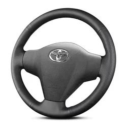 For Toyota Yaris 2008-11 Black Leather DIY Hand Sewn Steering Wheel Cover Interior Handle Cover