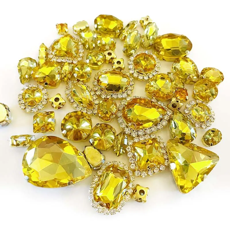 58pcs/bag Shiny Golden Yellow Sew on Stones,Gold Bottom Mix Shape/color Crystal Glass Rhinestones,Diy/Clothes/Wedding Decoration