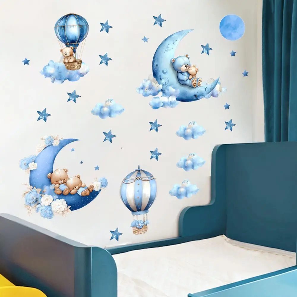 Cute Bear Moon Hot Air Balloon Wall Stickers Self Adhesive Art Mural For Nursery Kids Room Home Decor