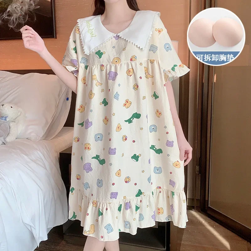 Large Size Women's Nightgow with Chest Pad Cloud Cotton Short-sleeved Home Dress Can Be Worn Outside Summer Korean Loungewear