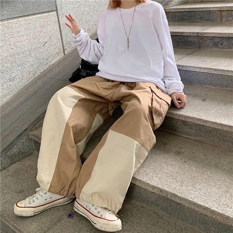 Korean version ins street Japanese style retro contrasting color splicing leg casual pants overalls trousers for men and women