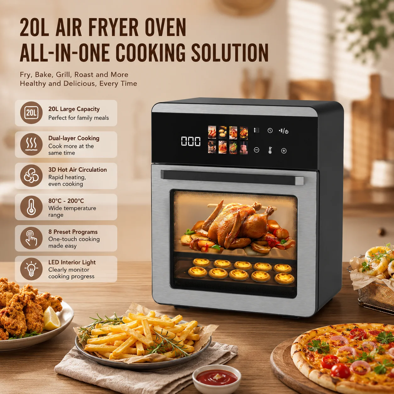 Horno Freidora de Aire de 1350W y 20L, Interior Totalmente Metálico, Circulación de Aire Caliente 3D, Doble Capa, Pantalla Táctil a Color, Enchufe Europeo