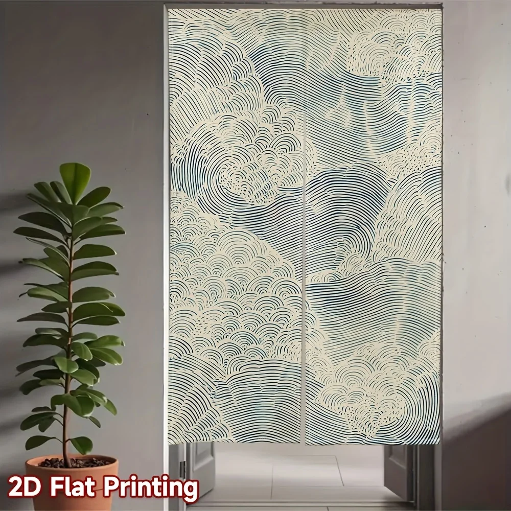 Festive Blue Ocean Waves Door Curtain - 2D Flat Print Split Noren Partition Drape for Room Decoration Machine Washable
