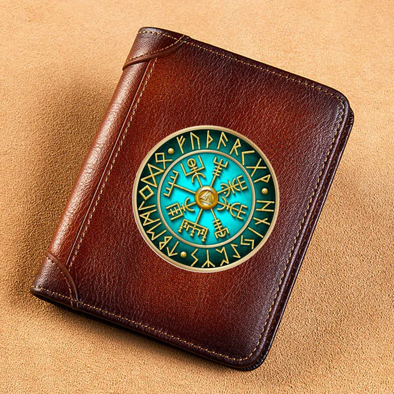 

High Quality Genuine Leather Men Wallets Classic Viking Symbols Printing Short Card Holder Purse Luxury Brand Male Wallet