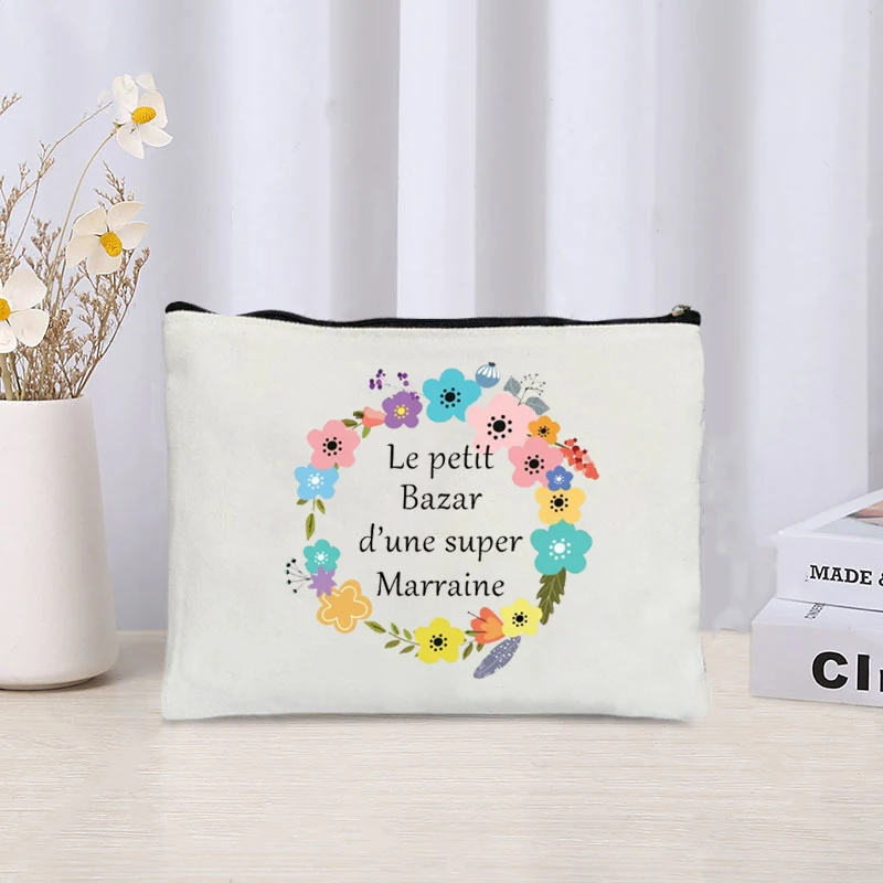 Wreath French Letter Printed Storage Cosmetic Bag Perfume Skin Care Products Sundries Makeup Bags Organizer Gift for Godmother