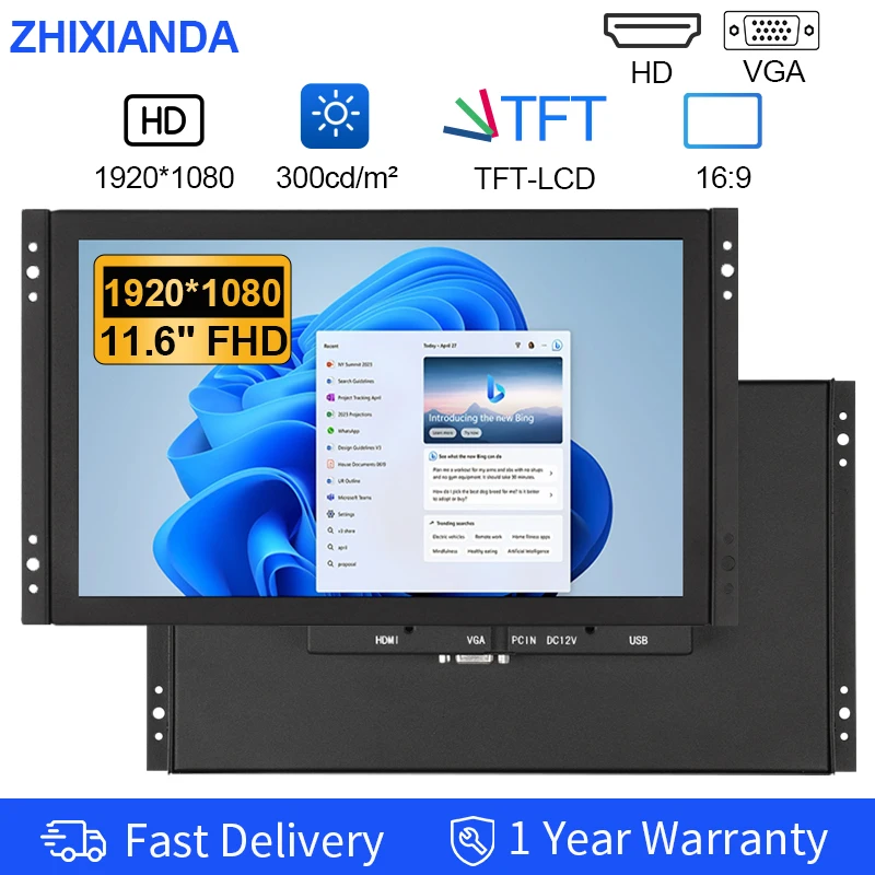 Zhixianda 11.6 Inch Industrial Touch Screen Monitor 1920*1080 Resistive/Capacitive Touch LCD Display HDMI VGA USB For KIOSK ATM