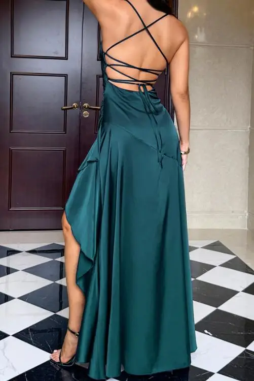 

Womens Dresses 2025 Spring Summer New Elegant Solid Color Sexy Backless Lace Up Casual Ruffles Asymmetric Hem Long Dress