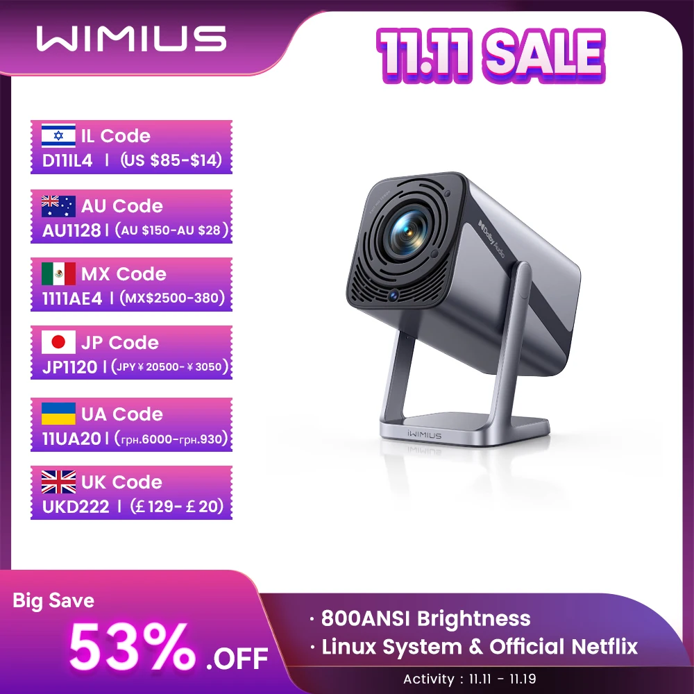 

IWIMIUS 4K Projector Netflix Officially 800ANSI Native 1080P Auto Focus & Keystone 30000 lumens BT5.2 WIFI6 Portable 360° Rotate