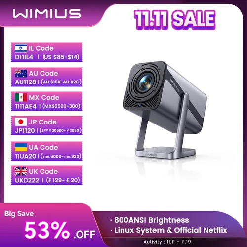 Proyector IWIMIUS 4K Netflix Oficial 800ANSI Native 1080P Enfoque automático y Keystone 30000 lúmenes BT5.2 WIFI6 Portátil 360 ° Ruirar